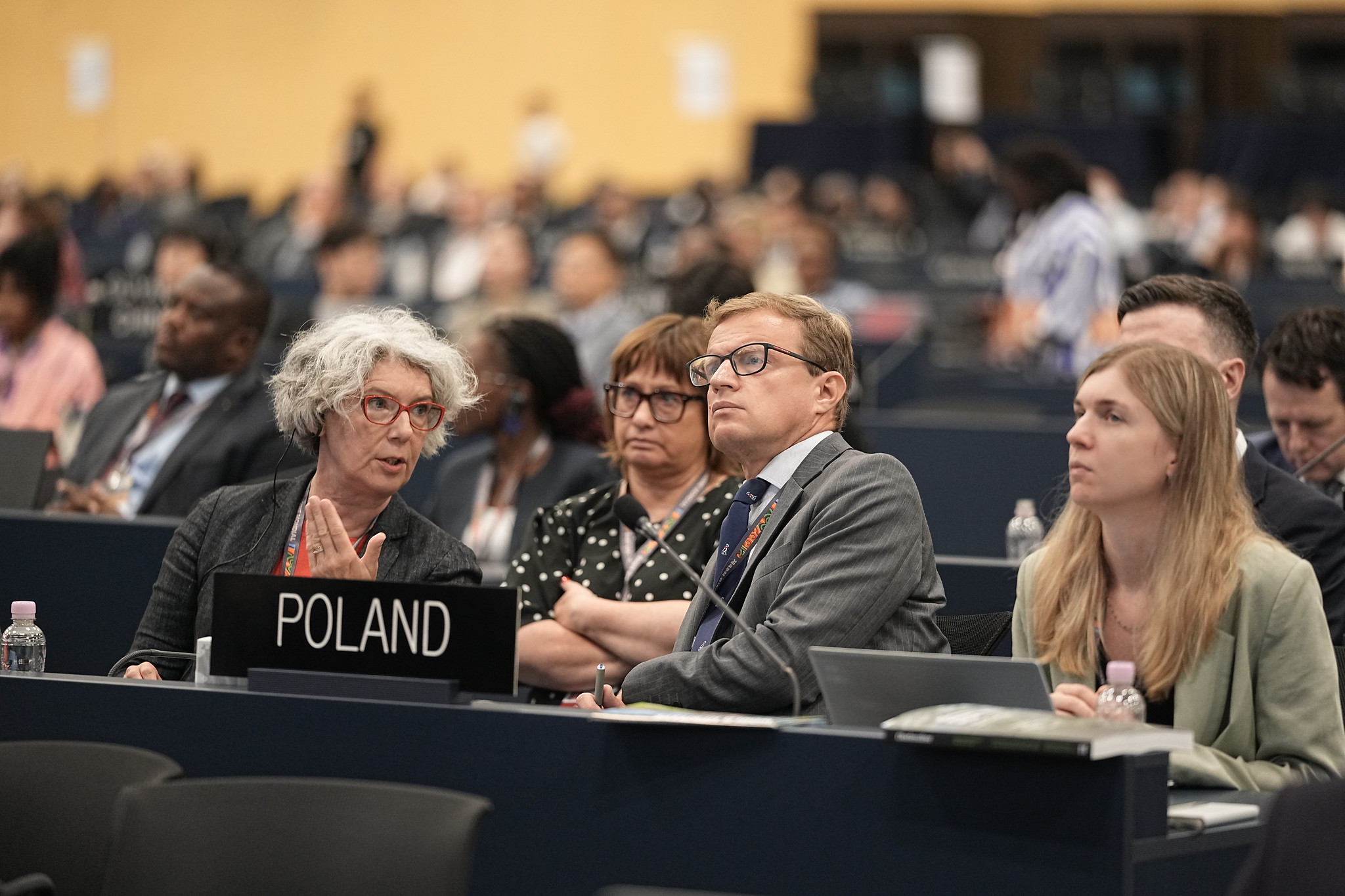 Sesja Komitetu Światowego Dziedzictwa UNESCO, sala konferencyjna, kilka os&oacute;b przy stoliku z tabliczką "POLAND"
