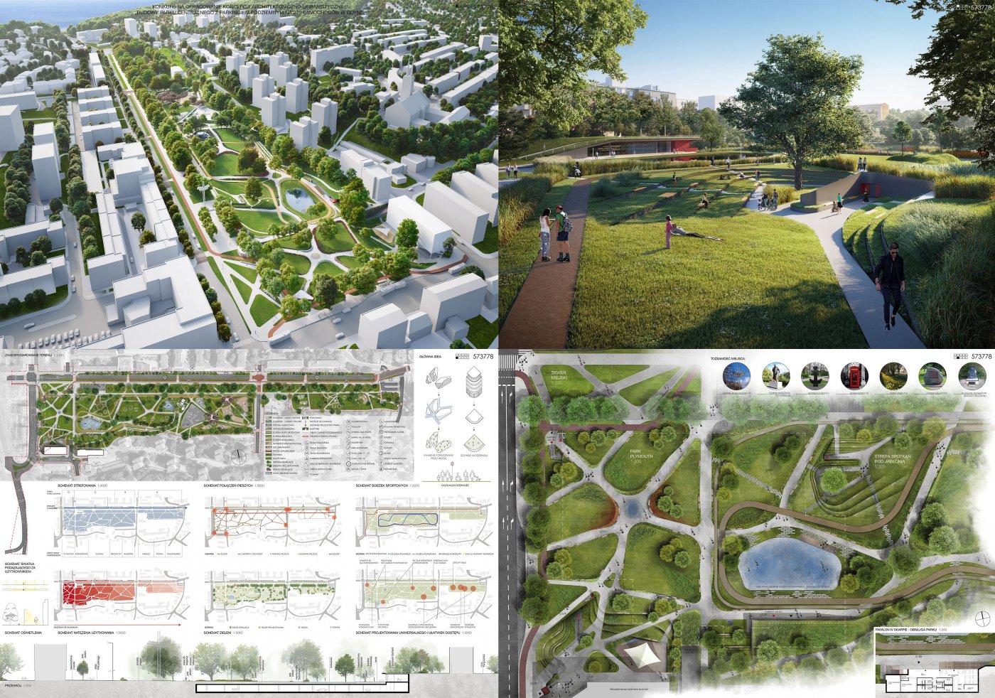 Wizualizacje Parku Centralnego w Gdyni, tr&oacute;jwymiarowy podgląd, rzut izometryczny, rysunki i zieleń