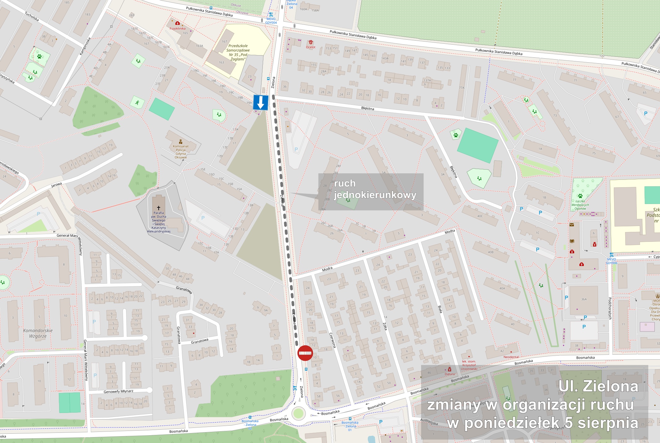 mapa z zaznaczonym fragmentem drogi, na kt&oacute;rym obowiązywać będzie jeden kierunnek ruchu
