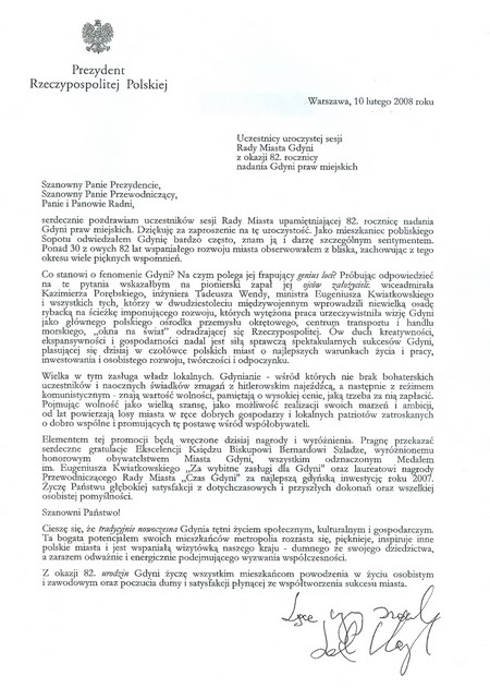 82 urodziny Gdyni - Gratulacje - Prezydent Rzeczypospolitej Polskiej Lech Kaczyński