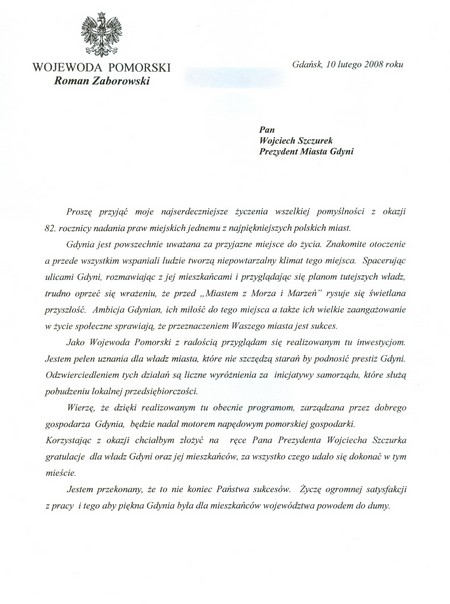 82 urodziny Gdyni - Gratulacje - Wojewoda Pomorski Roman Zaborowski