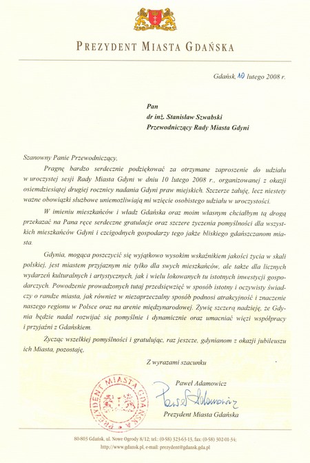 82 urodziny Gdyni - Gratulacje - Prezydent Miasta Gdańska Paweł Adamowicz
