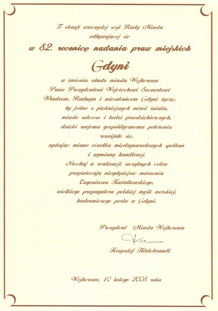 82 urodziny Gdyni - Gratulacje - Prezydent Miasta Wejherowa Krzysztof Hildebrandt