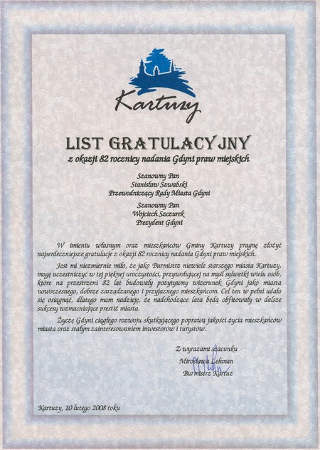 82 urodziny Gdyni - Gratulacje - Burmistrz Kartuz Mirosława Lehman