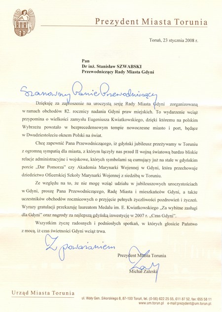 82 urodziny Gdyni - Gratulacje - prezydent Miasta Torunia Michał Zaleski