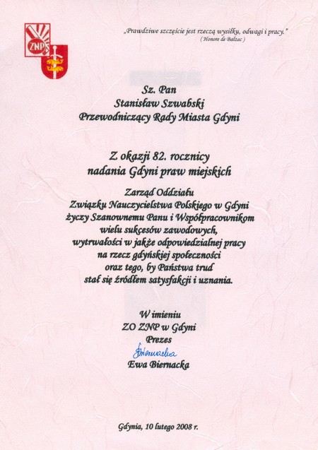 82 urodziny Gdyni - Gratulacje - Prezes Związku Nauczycielstwa Polskiego Ewa Biernacka