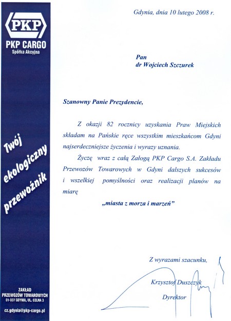 82 urodziny Gdyni - Gratulacje - Dyrektor PKP Cargo S.A. Krzysztof Duszczyk