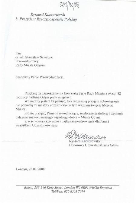 82 urodziny Gdyni - Gratulacje - Były Prezydent Rzeczypospolitej Polskiej Ryszard Kaczorowski