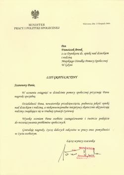 nagroda Ministra Pracy i Polityki Społecznej dla Franciszka Bronka - zastępcy dyrektora MOPS