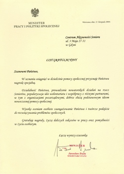 nagroda Ministra Pracy i Polityki Społecznej dla Centrum Aktywności Seniora