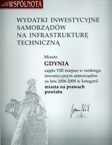 Gdynia zajęła VIII miejsce w rankingu Wydatki inewstycyjne samorządów na infrastrukturę techniczną za lata 2006-2008 w kategorii miasta na prawach powiatu - dyplom