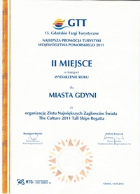 Miasto Gdynia zajęło drugie miejsce w konkursie „Najlepsza promocja turystyki województwa pomorskiego 2011” w kategorii „Wydarzenie roku” za organizację zlotu żaglowców The Culture 2011 Tall Ships Regatta