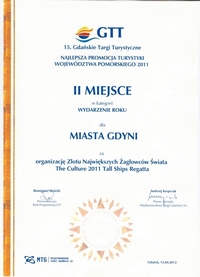 Miasto Gdynia zajęło drugie miejsce w konkursie „Najlepsza promocja turystyki województwa pomorskiego 2011” w kategorii „Wydarzenie roku” za organizację zlotu żaglowców The Culture 2011 Tall Ships Regatta