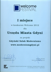 Nagroda w konkursie Welcome 2012 za projekt "Gdyński Szlak Modernizmu"