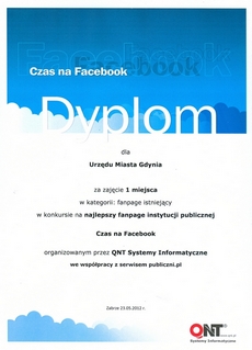 Dyplom za zajęcie pierwszego miejsce w konkursie na najlepszy fanpage instytucji publicznej na Facebooku