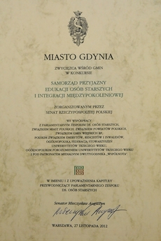 Gdyński samorząd najbardziej przyjazny dla seniorów - dyplom