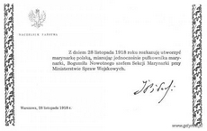 Dekret marszałka Józefa Piłsudskiego rozkazujący utworzenie w Odrodzonej Polsce Marynarki Wojennej, źródło: www.mw.mil.pl