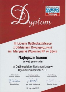 Dyplom Najlepsze liceum w woj. pomorskim