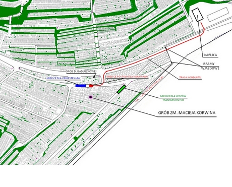 Mapka fragmentu Cmentarza Witomińskiego z zaznaczonym miejscem spoczynku Macieja Korwina