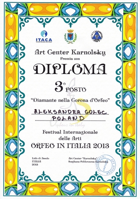 Dyplom za 3 miejsca dla Aleksandry Golec