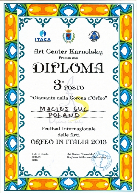 Dyplom za 3 miejsca dla Macieja Gucia