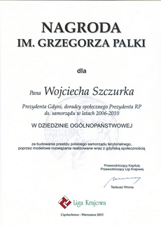 Prezydent Gdyni Wojciech Szczurek otrzymał Nagrodę im. Grzegorza Palki