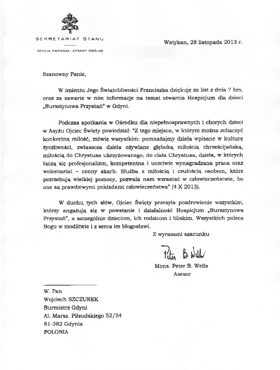 List z Sekretariatu Stanu Watykanu