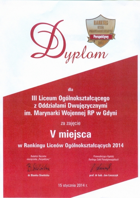 Dyplom dla III Liceum Ogólnokształcącego za zajęcie V miejsca w Rankingu Liceów Ogólnokształcących 2014