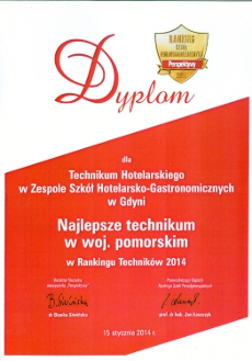 Dyplom dla Technikum Hotelarskiego za zajęcie I miejsca w województwie pomorskim w Rankingu Techników 2014