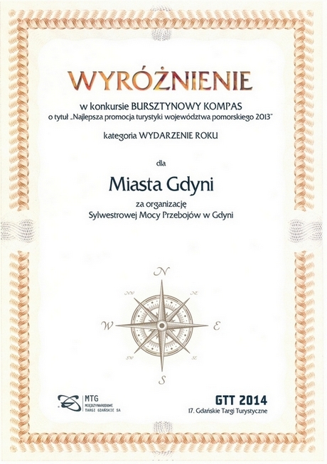 Wyróżnienie dla Miasta Gdyni w konkursie Bursztynowy Kompas w kategorii Wydarzenie roku za organizację Sylwestrowej Mocy Przebojów