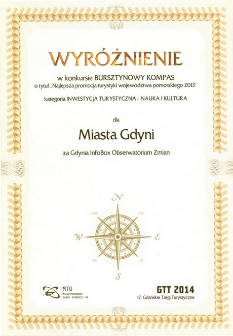 Wyróżnienie dla Miasta Gdyni w konkursie Bursztynowy Kompas w kategorii Inwestycja Turystyczna - Nauka i Kultura za Gdynia InfoBox Obserwatorium Zmian