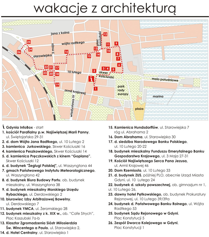 Mapa z orientacyjną trasą spaceru