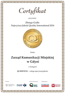 Złote Godło Najwyższa Jakość Quality International dla ZKM w Gdyni