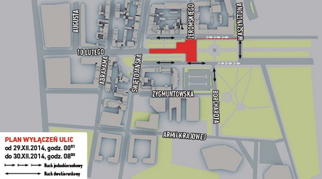 Plan wyłączeń ulic w okolicach Skweru Kościuszki w dniach 29-30 grudnia
