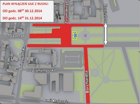 Plan wyłączeń ulic w okolicach Skweru Kościuszki w dniach 30-31 grudnia