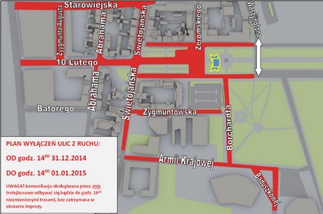 Plan wyłączeń ulic w okolicach Skweru Kościuszki w dniach 31 grudnia 1 stycznia