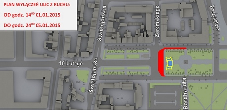 Plan wyłączeń ulic w okolicach Skweru Kościuszki w dniach 1 - 5 stycznia