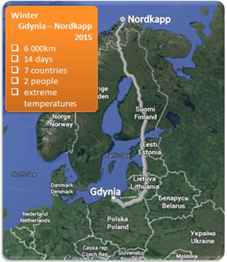 Trasa wyprawy z Gdyni do Knivskjellodden