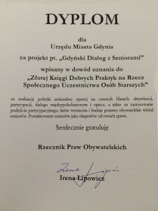 Dyplom dla Urzędu Miasta Gdyni za projekt pt. Gdyński Dialog z Seniorami
