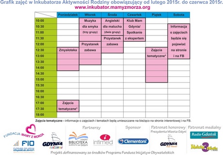 Grafik zajęć w inkubatorze Aktwyności Rodziny