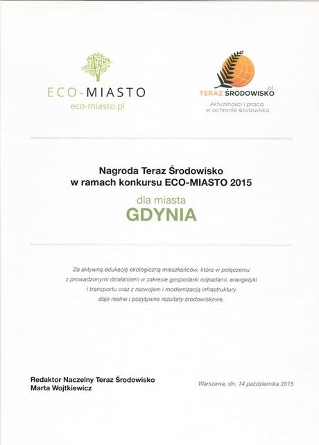 Nagroda Teraz Środowisko w ramach konkursu ECO-Miasto dla miasta Gdyni