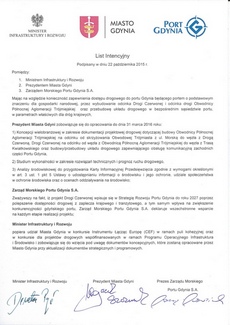 List intencyjny pomiędzy Miastem Gdynia, Zarządem Morskiego Portu Gdynia SA i Ministerstwem Infrastruktury i Rozwoju w sprawie budowy tzw. Drogi Czerwonej i przebudowy układu drogowego w bezpośrednim sąsiedztwie portu