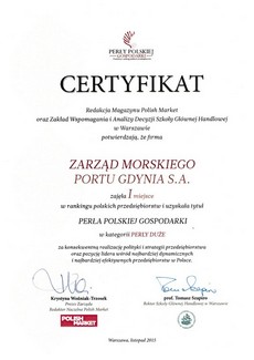 Certyfikat dla Zarządu Morskiego Portu Gdynia S.A. za pierwsze miejsce w plebiscycie „Perły Gospodarki 2015