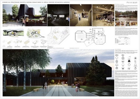 Wizualizacja koncepcji budynku edukacyjnego w Leśnym Ogrodzie Botanicznym Marszewo autorstwa pracowni Mado Architekci