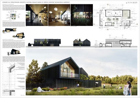 Wizualizacja koncepcji budynku edukacyjnego w Leśnym Ogrodzie Botanicznym Marszewo autorstwa pracowni Mado Architekci