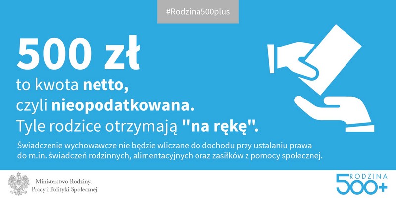 Program „Rodzina 500 plus” - plansza z informacją o tym, że pieniądze są nieopadatkowane