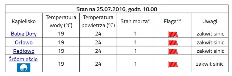 Sinice na gdyńskich kąpieliskach - zrzut ekranowy z dnia 25.07.2016