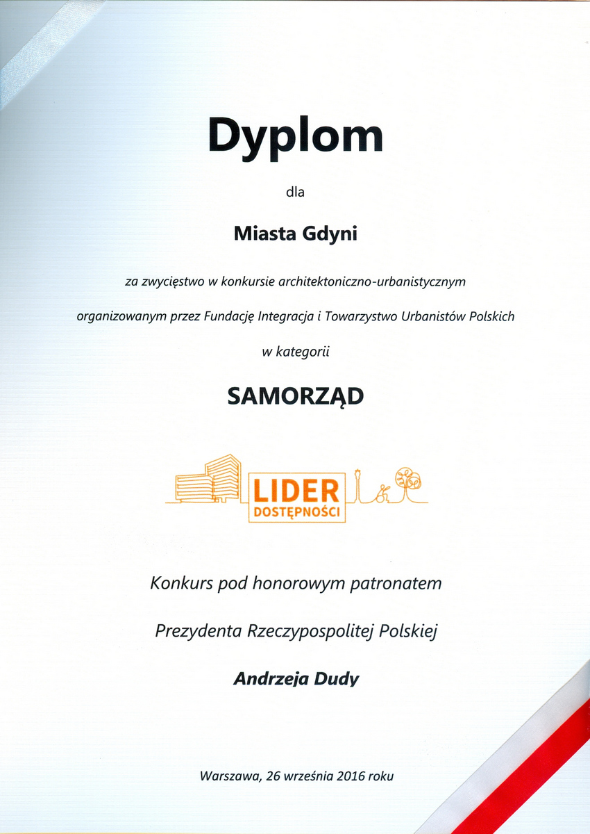 Dyplom dla miasta Gdynia za zwycięstwo w konkursie architektoniczno-urbanistycznym organizowanym przez Fundację Integracja i Towarzystwo Urbanistów w kategorii Samorząd