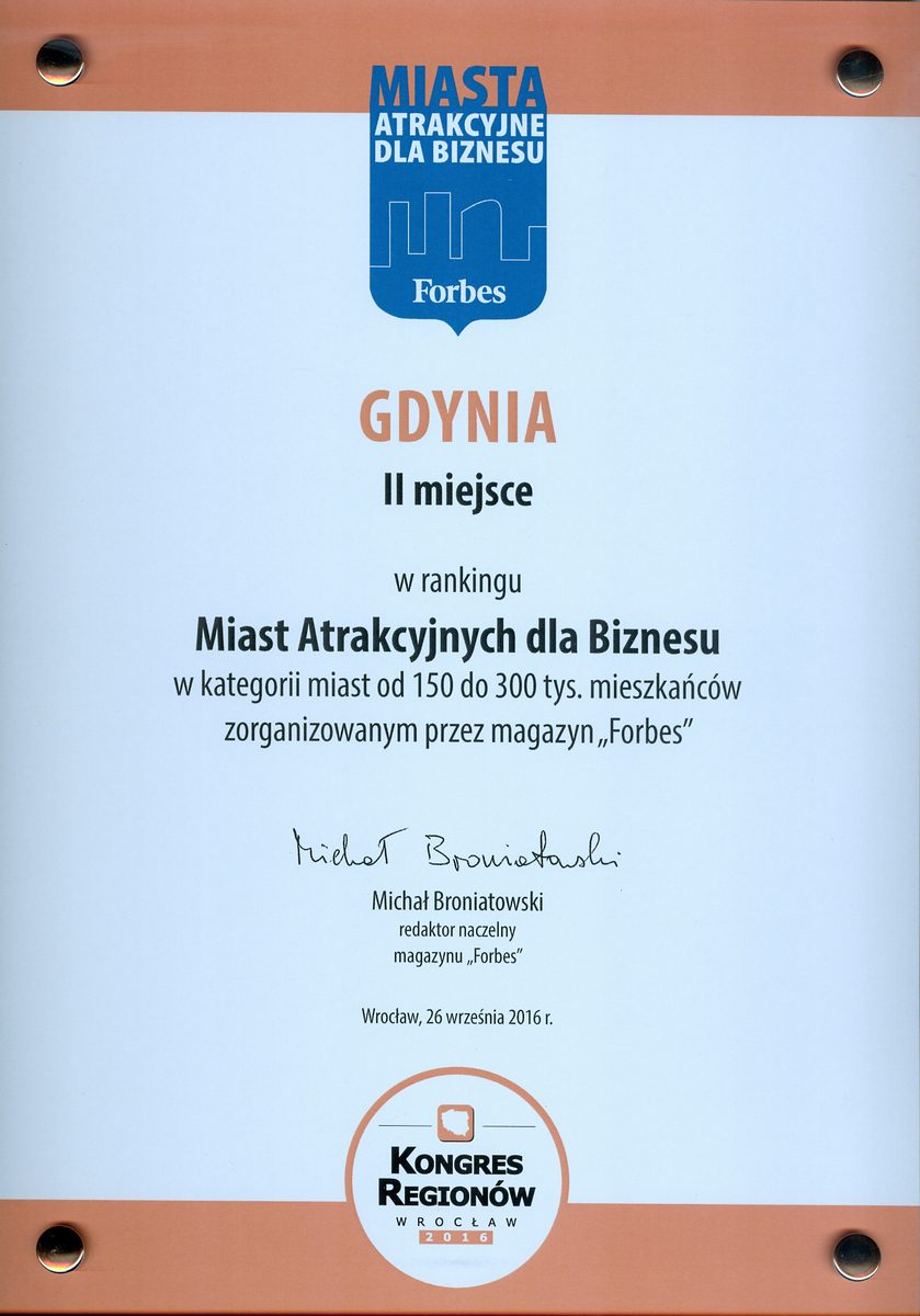 Gdynia - II miejsce w rankingu polskich Miast Atrakcyjnych dla Biznesu tygodnika Forbes
