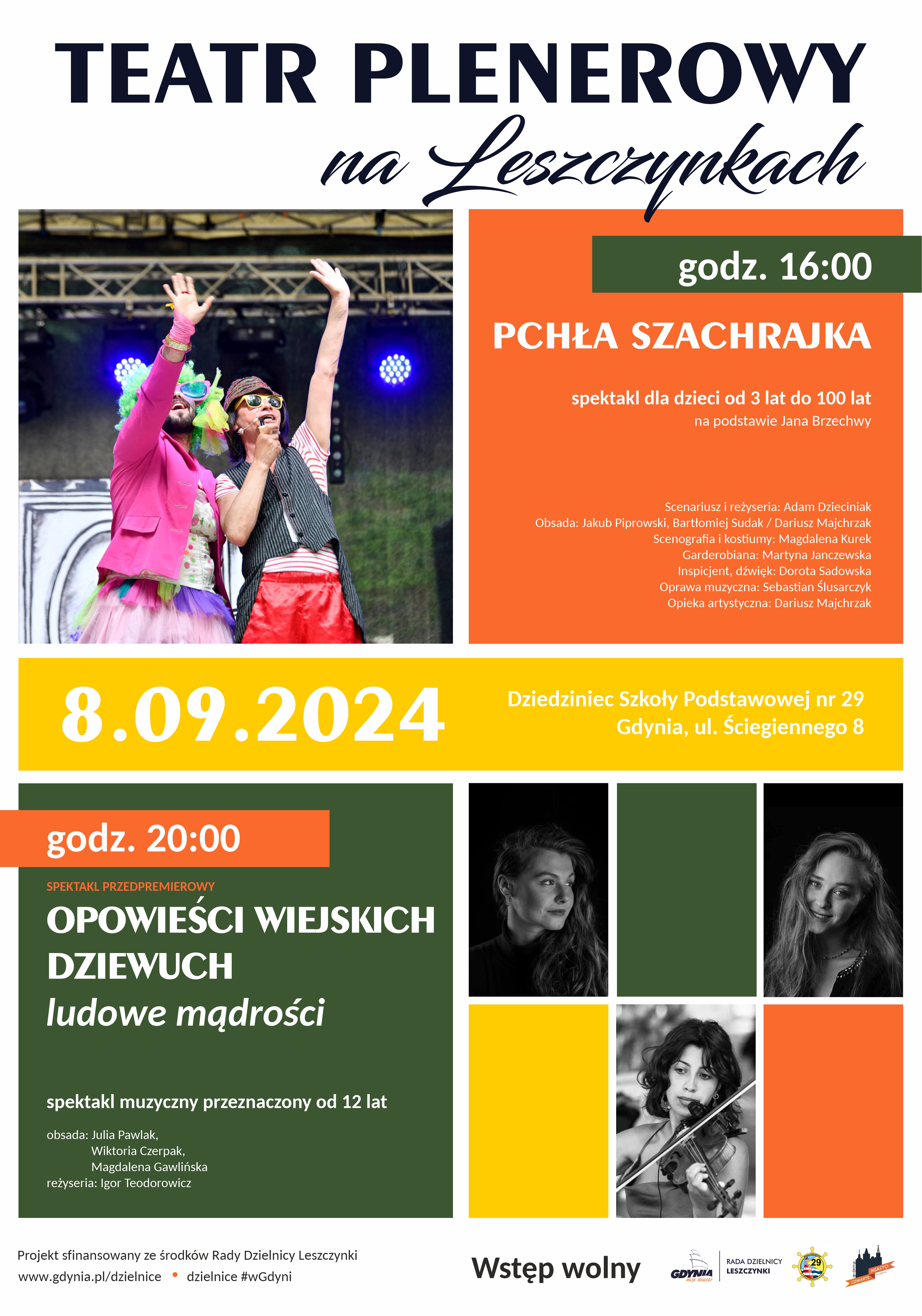 afisz teatrow plenerowych na Leszczynkach, ze zdjeciami spektakli